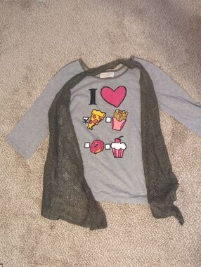 Bobbie Brooks Gray Tee with Hot Pink Heart and Olive Trim